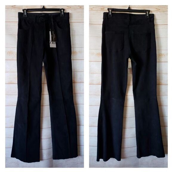 Zara Lambskin Suede Bootcut High-Waist Stretch Pants Limited Edition Medium Blac - Picture 2 of 12